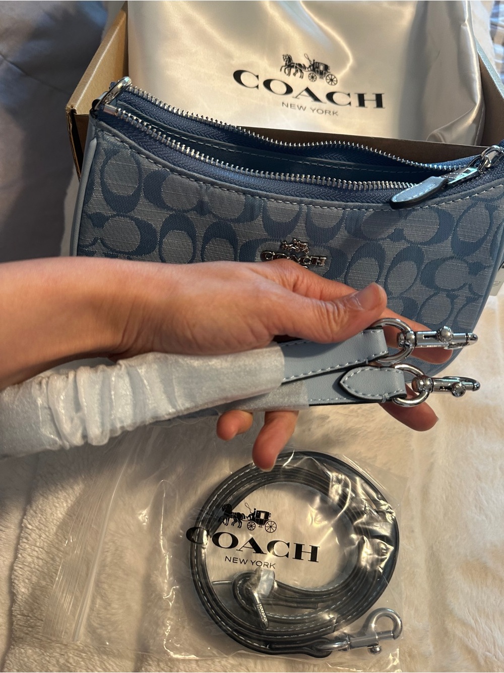 Coach Light Blue Signature Small Double Zip Crossbody